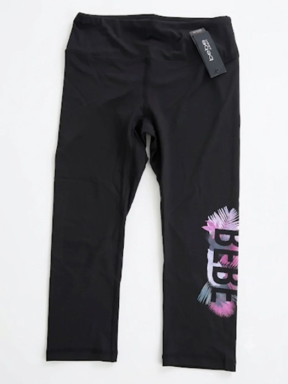 bebe Black Capri Leggings with Pink & Purple Logo Graphic